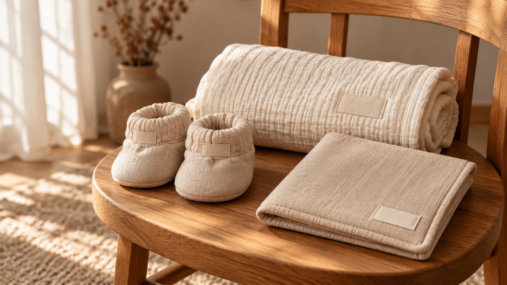 Chaussons, lange et protège-carnet posés sur une chaise en bois