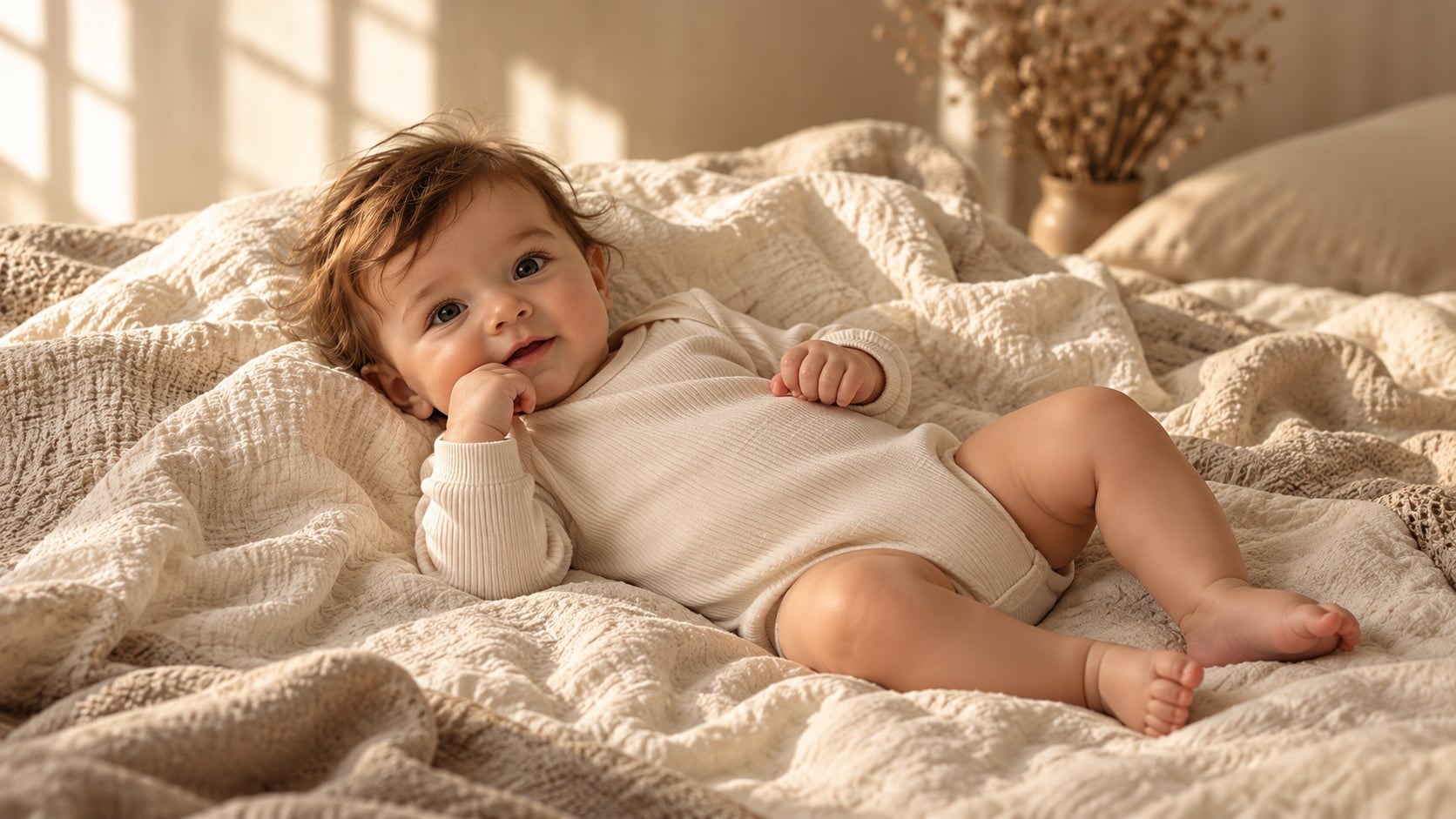 Un bébé en body crème allongé sur un drap en lin