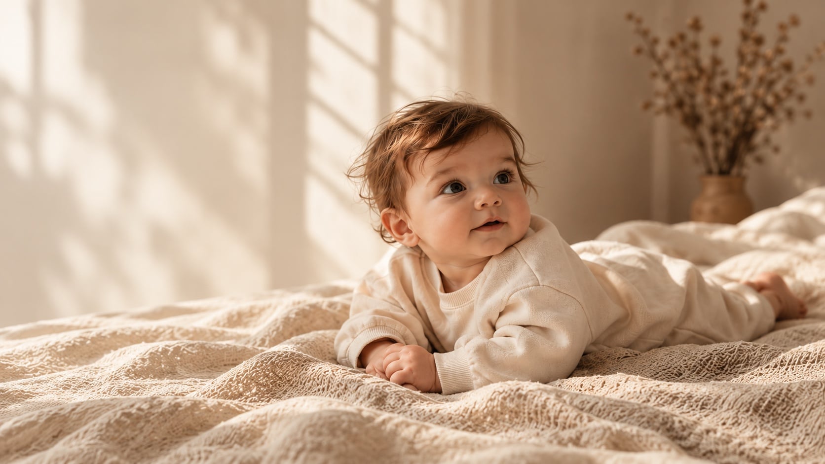 Un bébé allongé sur un lit en lin, vêtu d'un ensemble crème, dans la lumière du matin