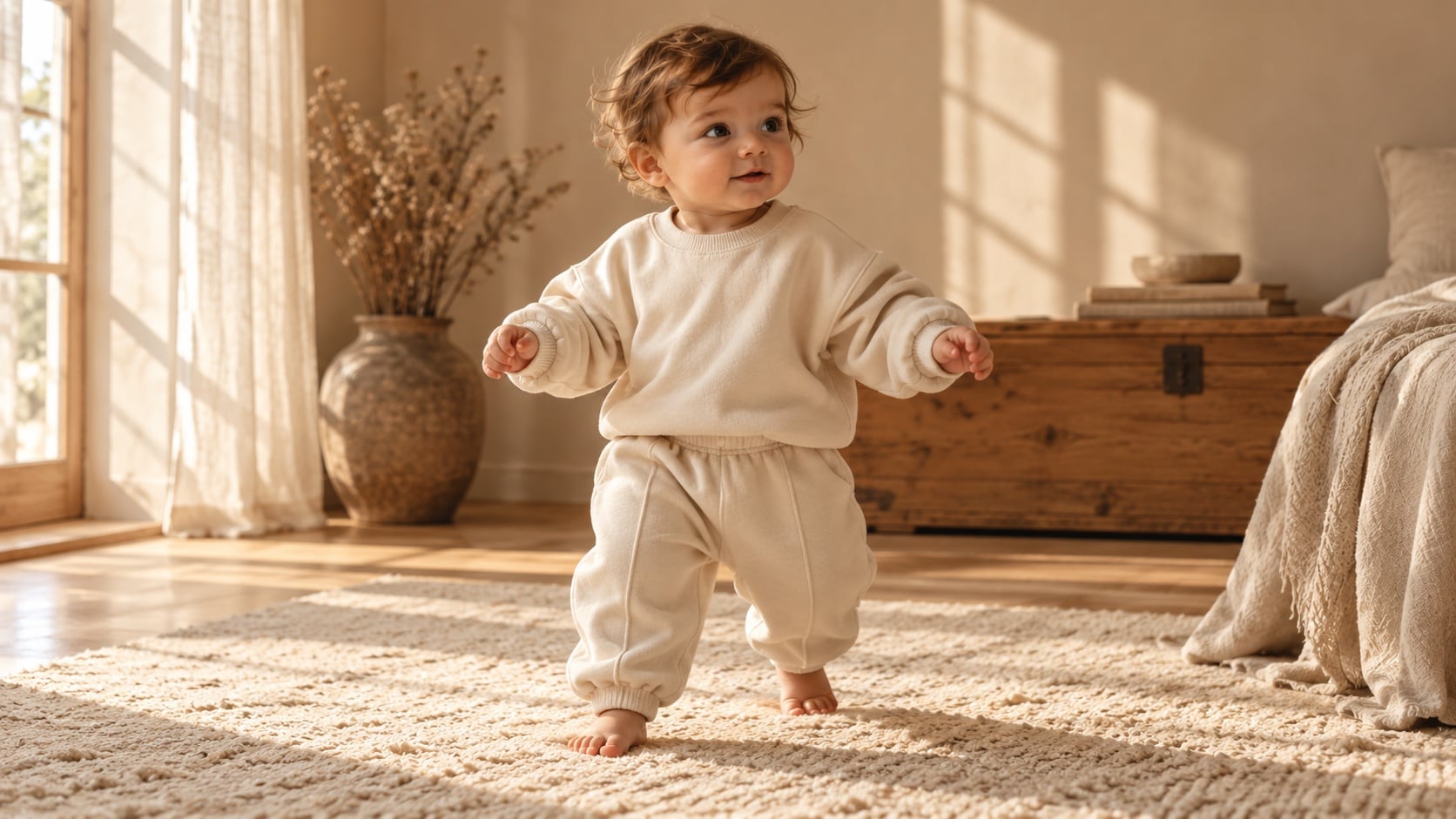 Un tout-petit fait ses premiers pas dans un ensemble crème